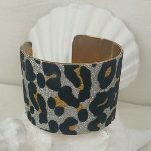 Leopard Print Silver Gold & Black Fuzzy Fur Brassy Metal Cuff Bracelet